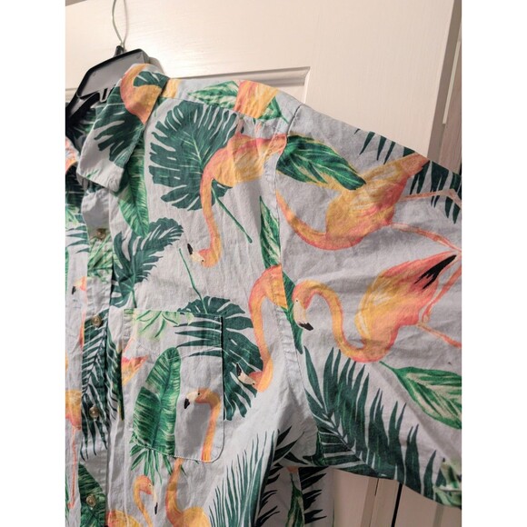 Old Navy Men’s XL Flamingo Hawaiian Shirt Gray Green Tropical Button Up Cotton - Picture 5 of 13